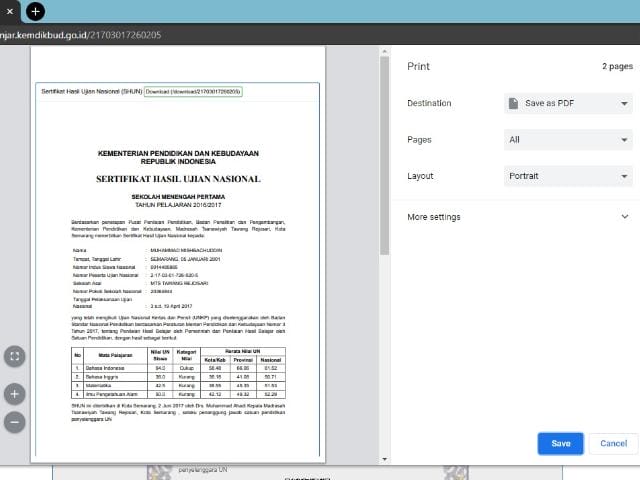 print Surat Keterangan Hasil Ujian Nasional