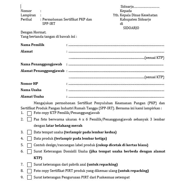 contoh blangko surat pengurusan PIRT